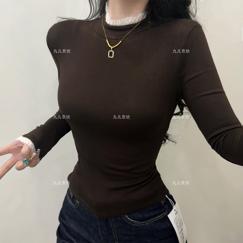 2025新款半高领长袖打底衫蕾丝花边拼接韩版宽松加绒T恤内搭8008