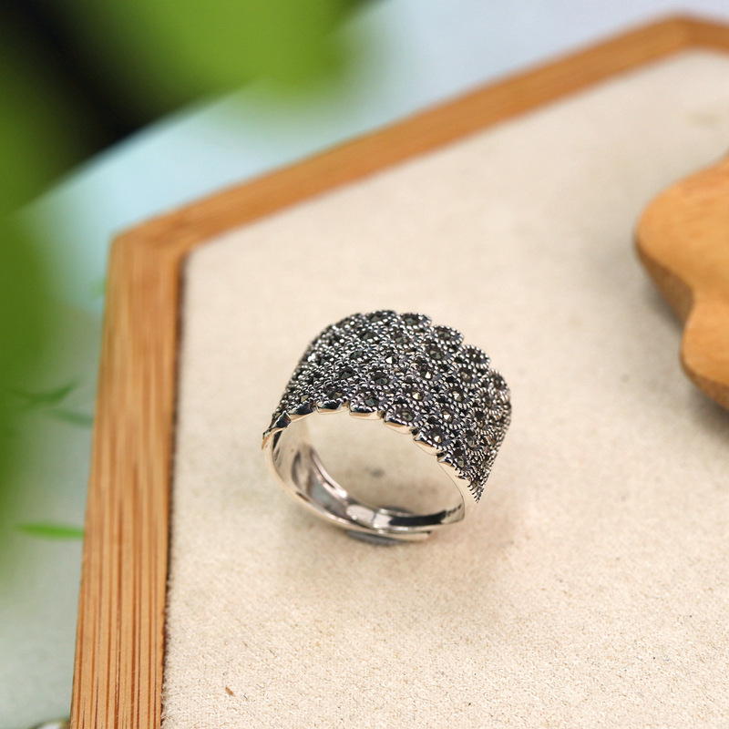 925银戒指 s925银复古做旧民族风戒指女士批发个性小众马克赛石