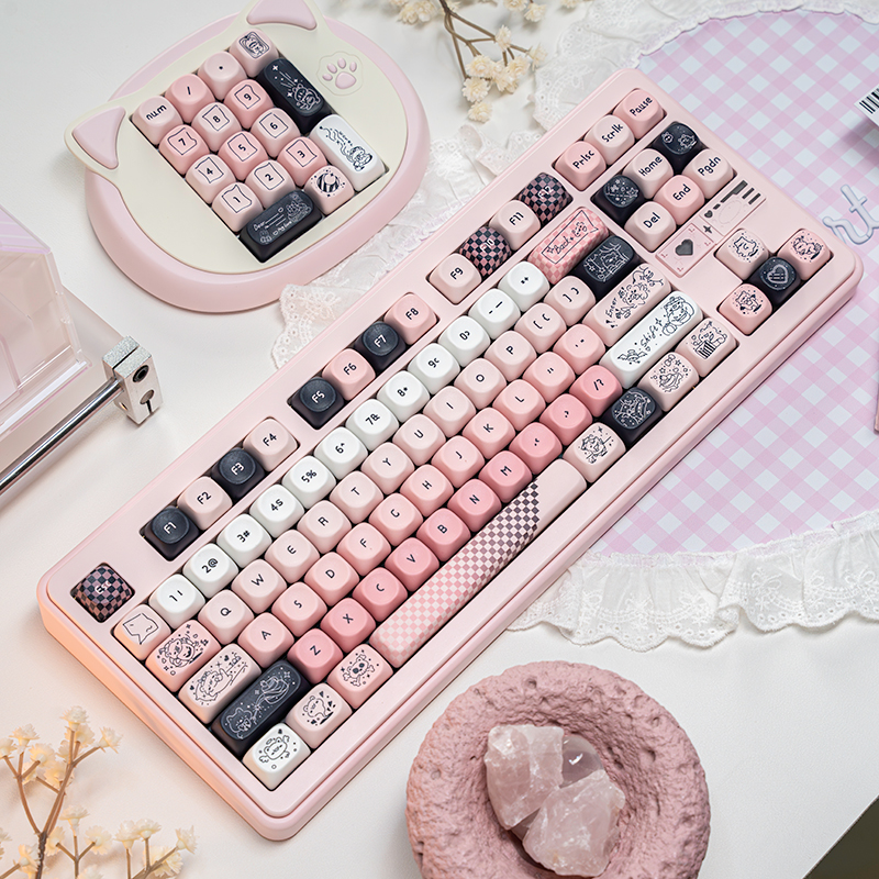 线稿小熊可爱粉色键帽PBT高颜值五面热升华MOA适配女生机械键盘