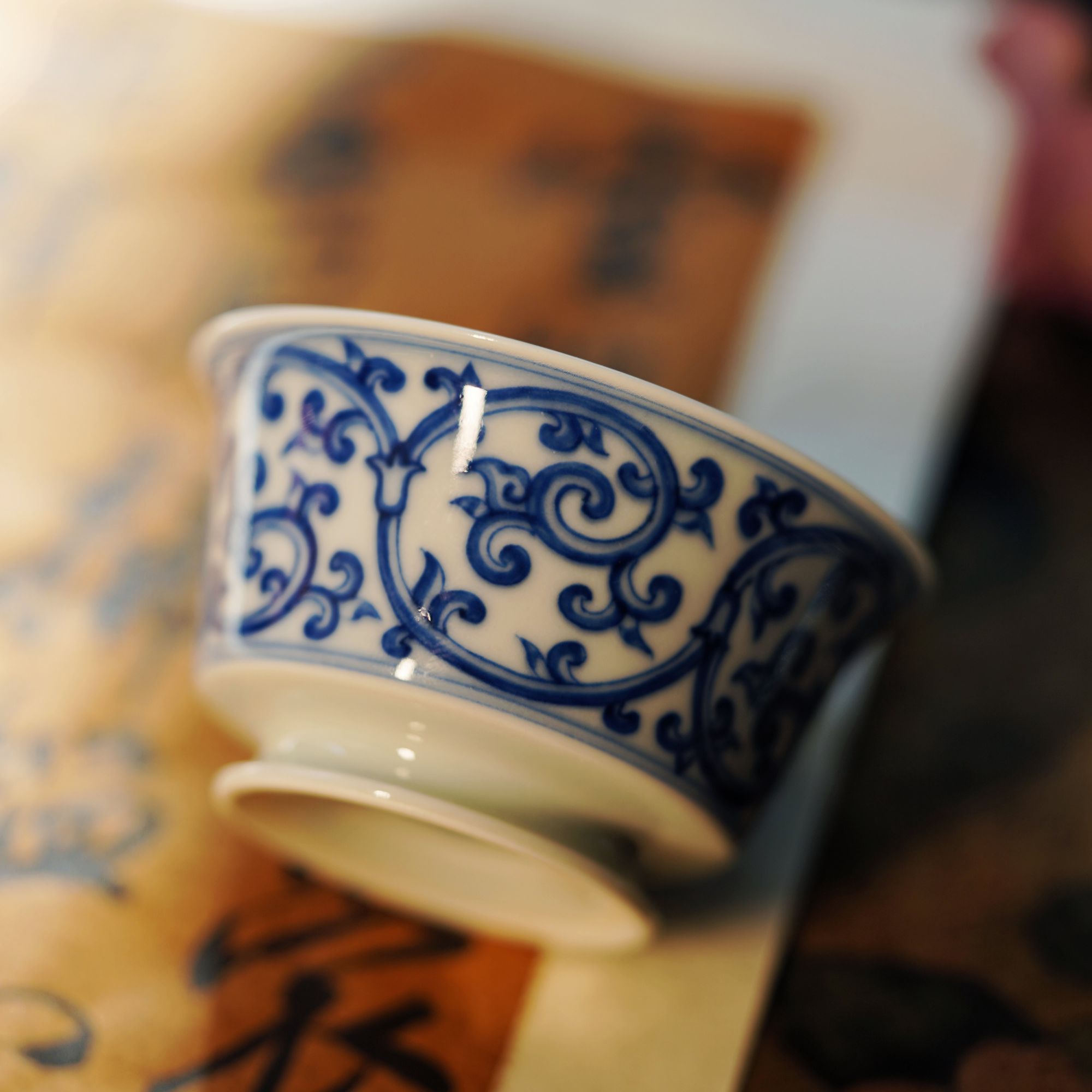 【品遗敬仁】聚澜堂手绘青花仿明缠枝马蹄杯70cc 口径7*高度3.9cm