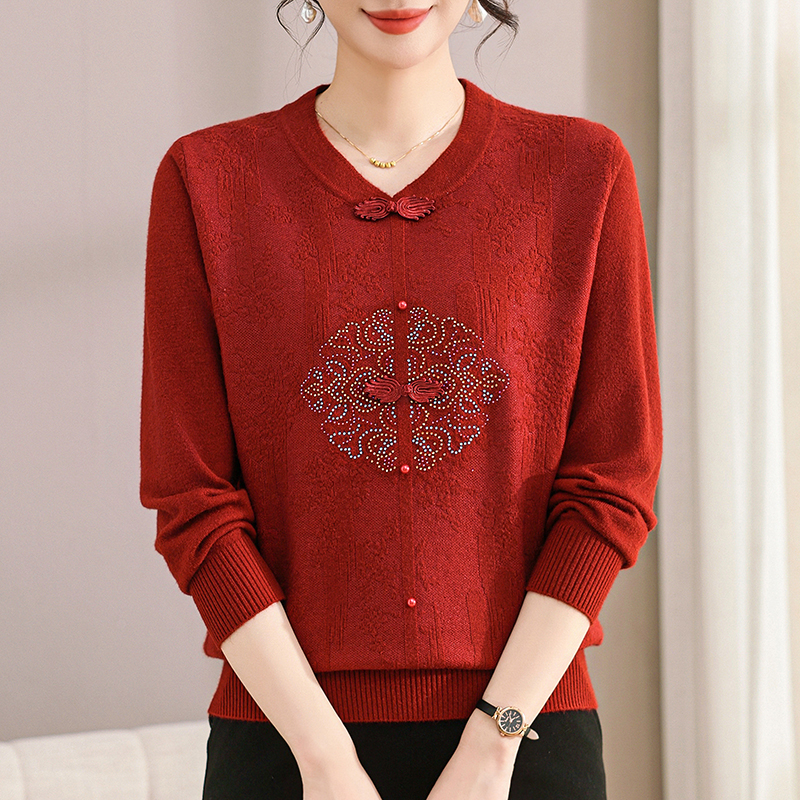 秋冬新中式时尚妈妈针织长袖洋气国风宽松加绒加厚上衣时尚打底