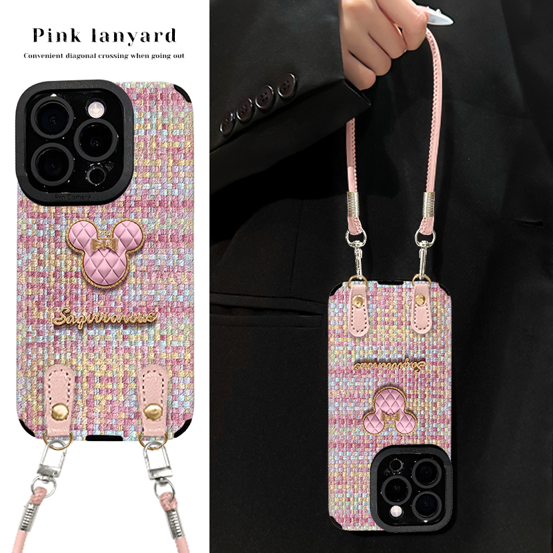 粉米奇公仔适用苹果17华为vivo/oppo小米iPhone16瞳眼羊皮手机壳