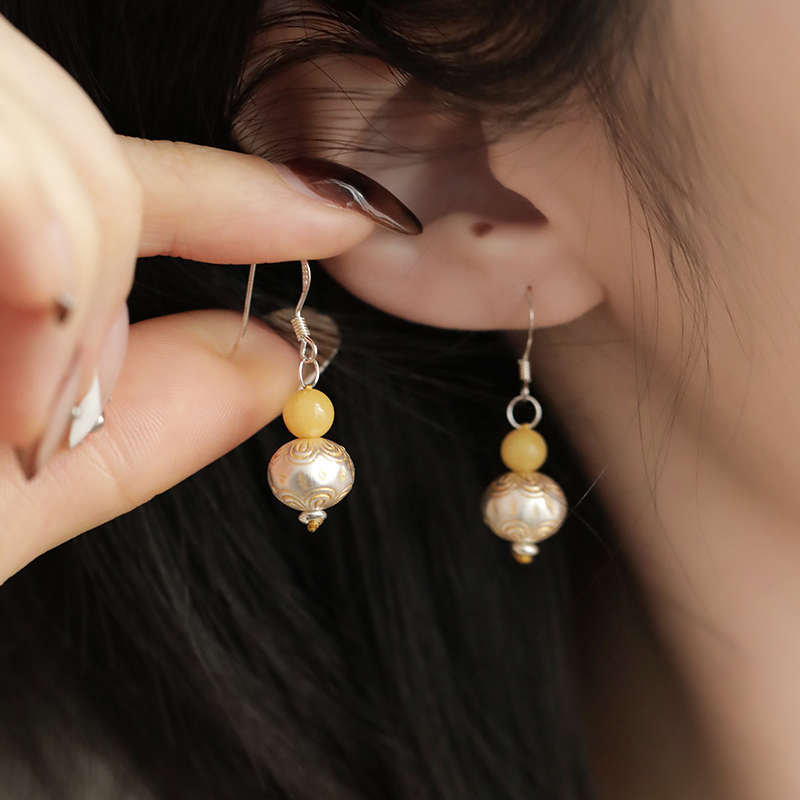 E26519<晶贵坊>蜜蜡圆珠足银描金珠S925银耳钩耳环