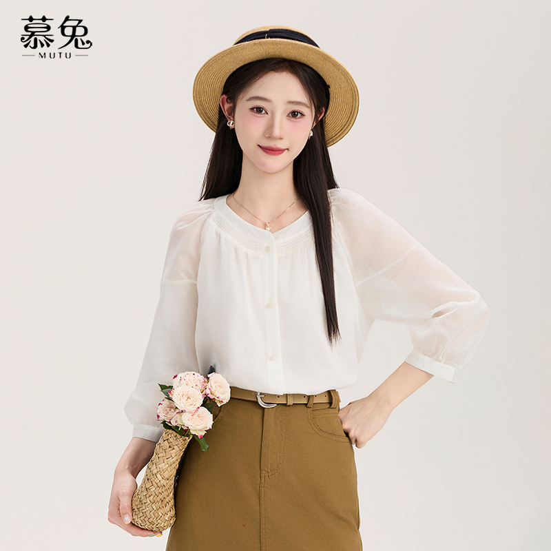 慕兔法式高级感五分袖衬衫女2025夏季新款设计感小众宽松休闲上衣