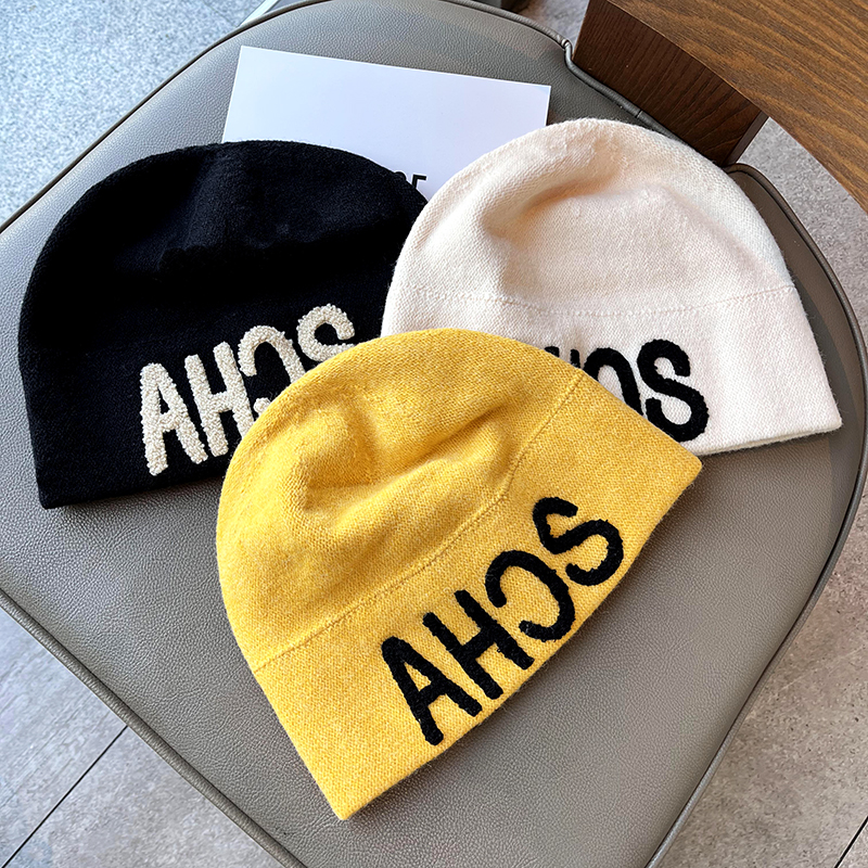 毛线帽子女秋冬时尚大头围堆堆冷帽街头保暖针织帽黑色刺绣包头帽