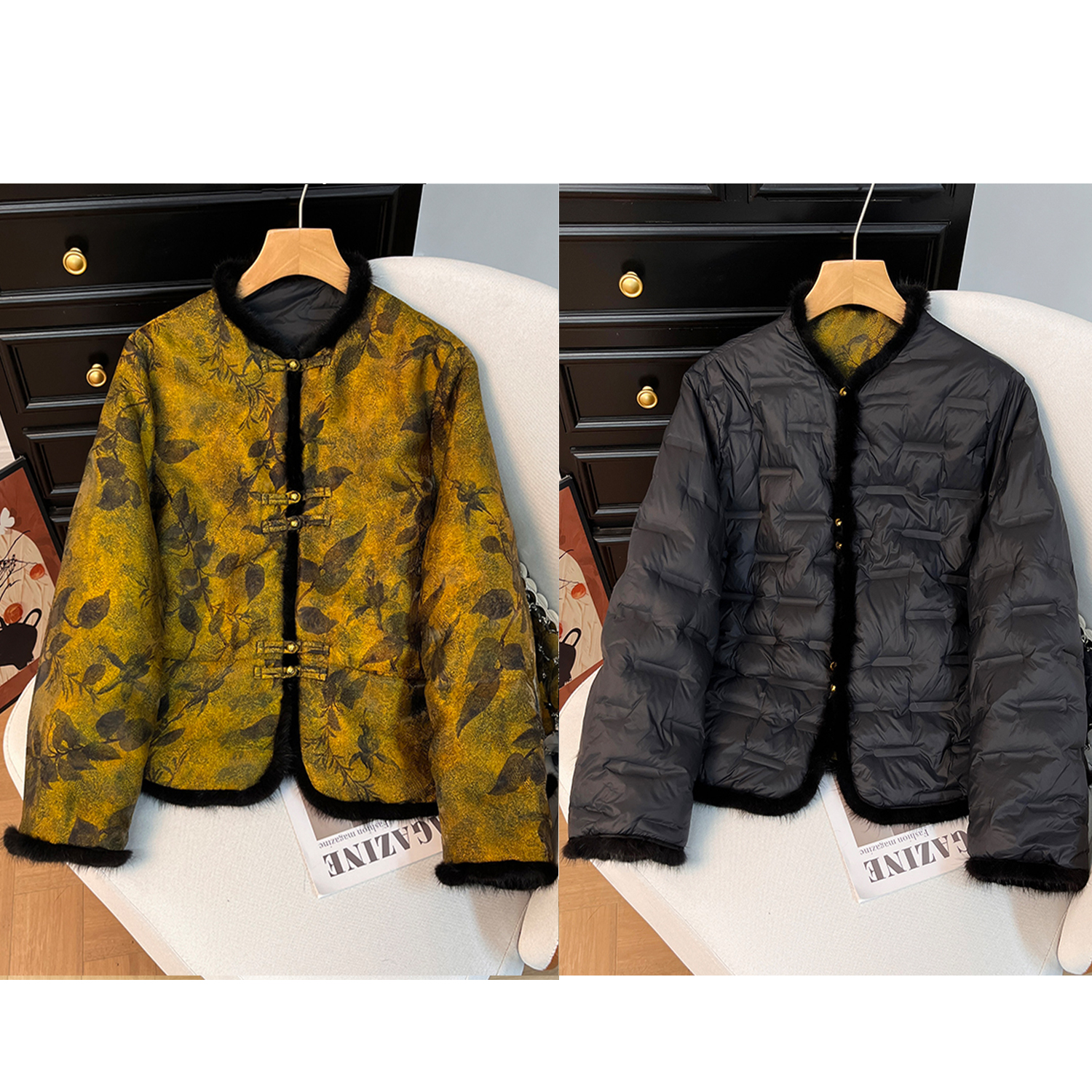 香云纱鸭绒90  晚枫栩 双面穿新中式文艺复古加厚重工毛毛上衣