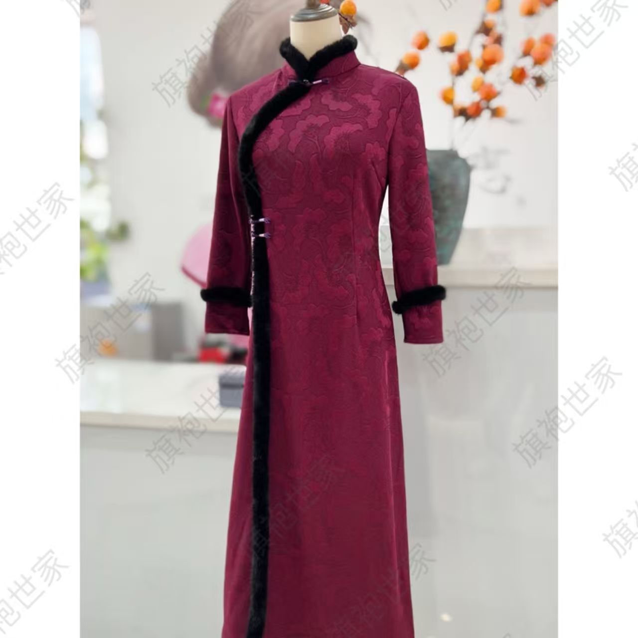 【春庭雪】衣长120新款冬季时尚立领国风提花显瘦旗袍连衣裙