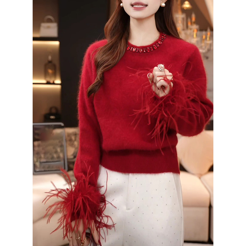 新年战袍重工镶钻毛毛袖针织毛衣女秋冬新款小香风气质绝美小上衣