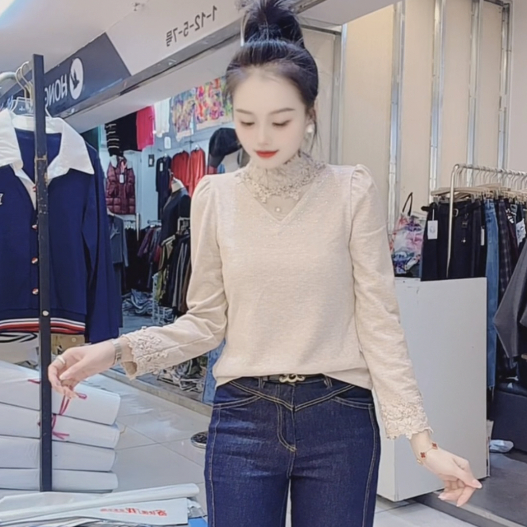 【小玉】新款法式时尚长袖花边半高领杏显瘦百搭洋气上衣