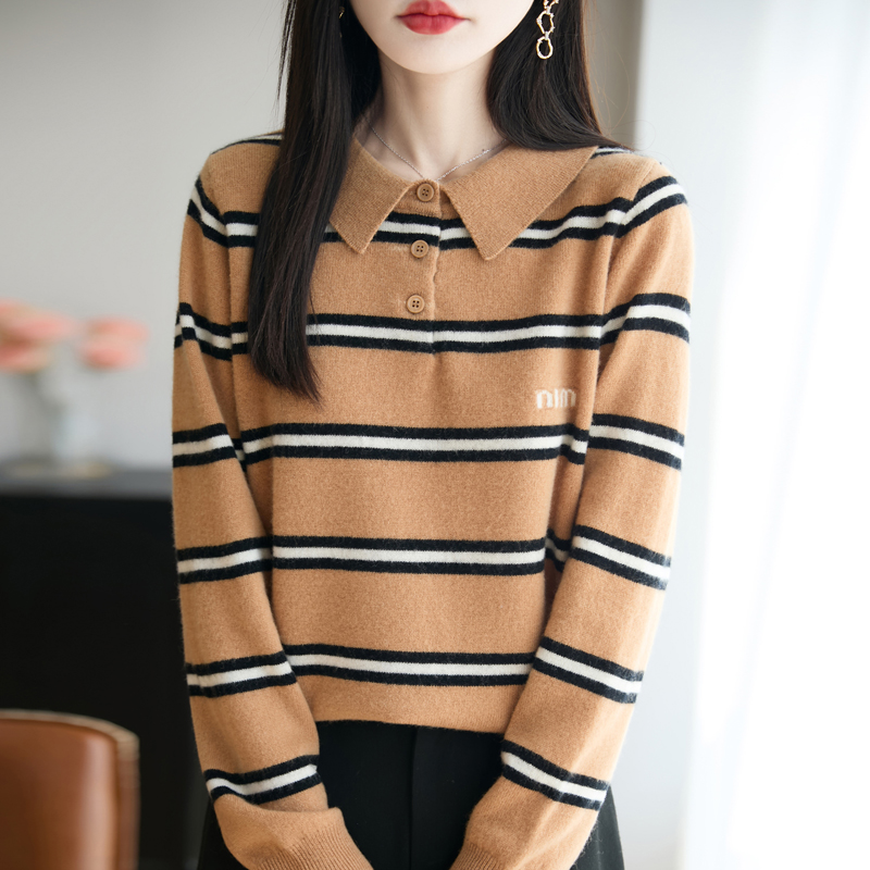 澳洲羊毛 POLO领条纹刺绣针织羊毛衫女 长袖针织上衣打底衫