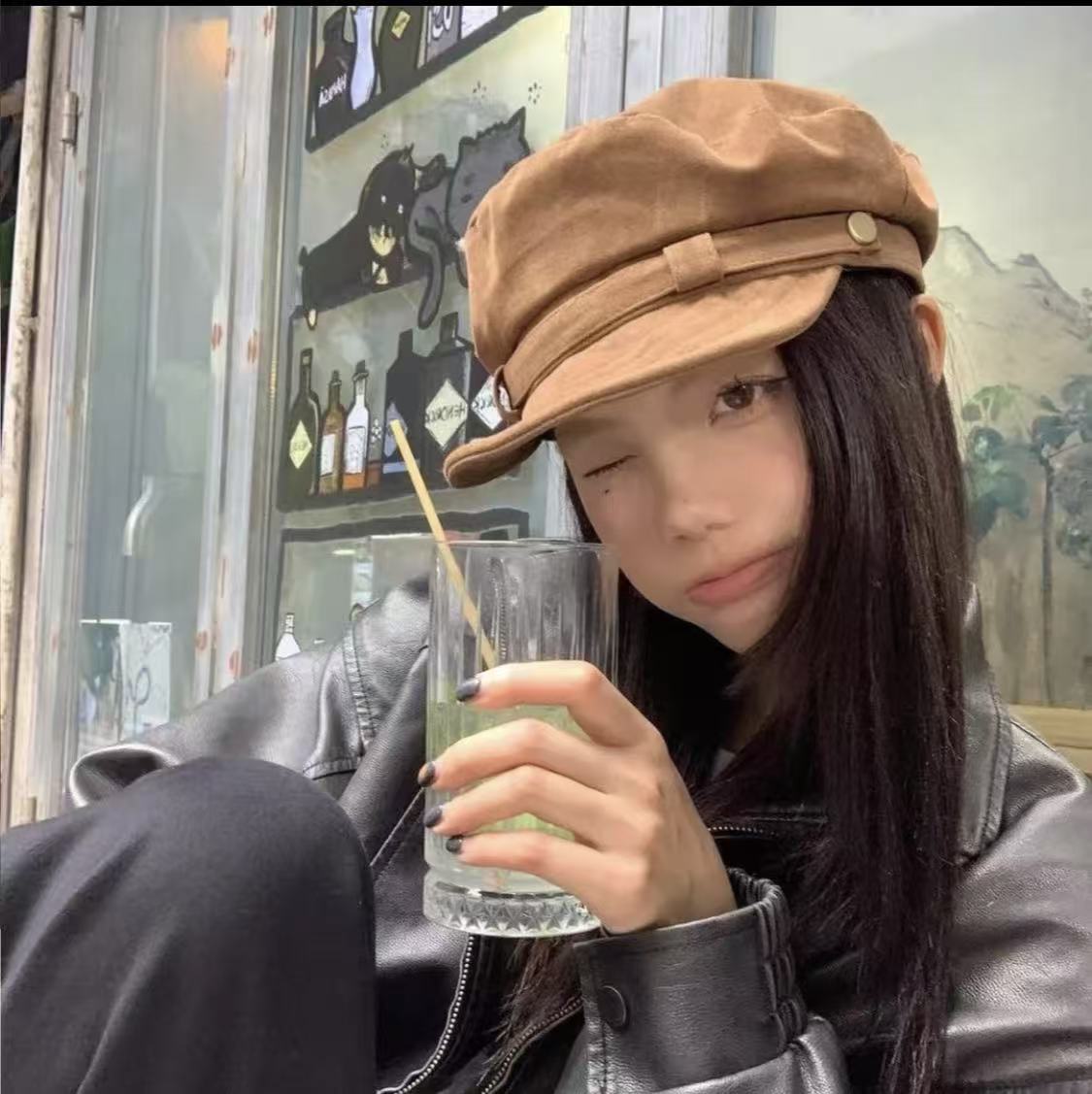 高品质韩版博主穿搭新款翻毛皮前进帽休闲百搭平顶画家贝雷帽子女