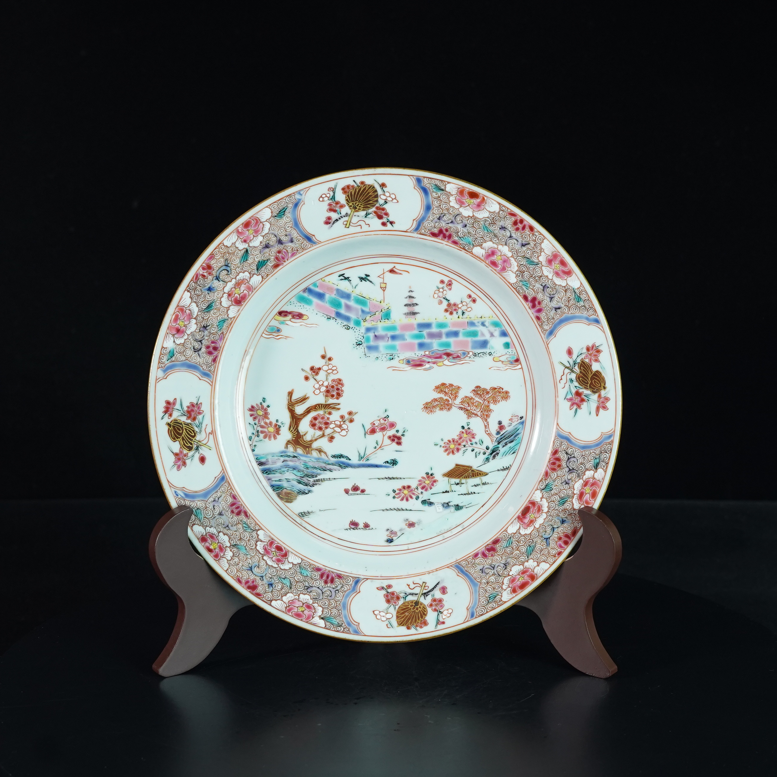 LYSYN250124001【十竹斋】清雍正粉彩花卉山水纹盘