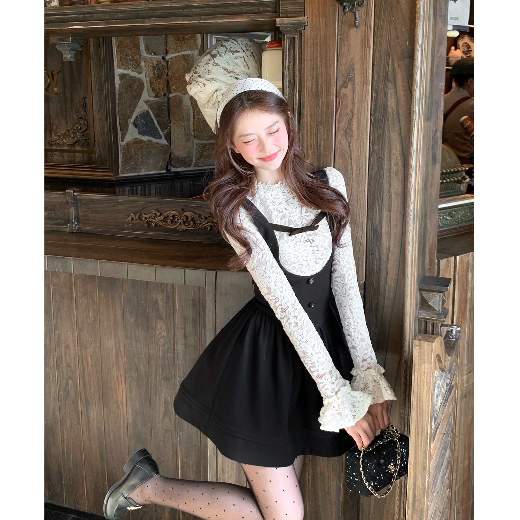 【蹦蹦】大码女装秋冬季千金感假二件拼接蕾丝篷篷连衣裙13986