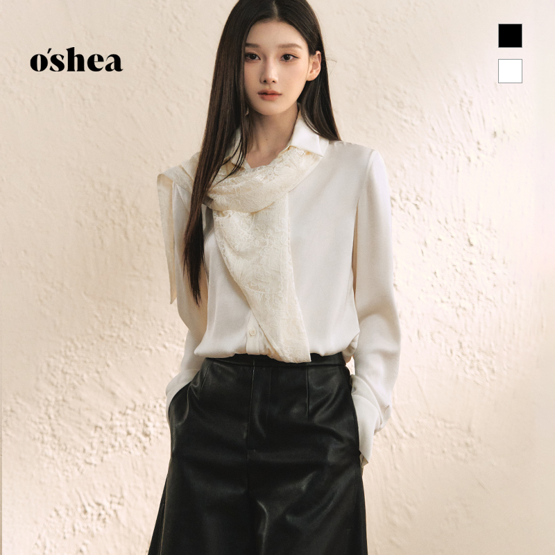 oshea 法式长袖衬衫女2025新款秋季蕾丝飘带拼接洋气高端小资上衣
