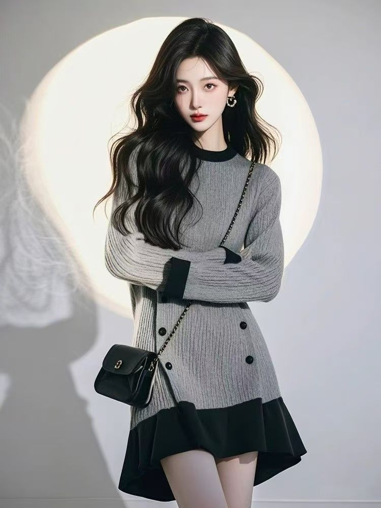 2025春装新款法式高级感气质御姐女神范小香风假两件拼接连衣裙子