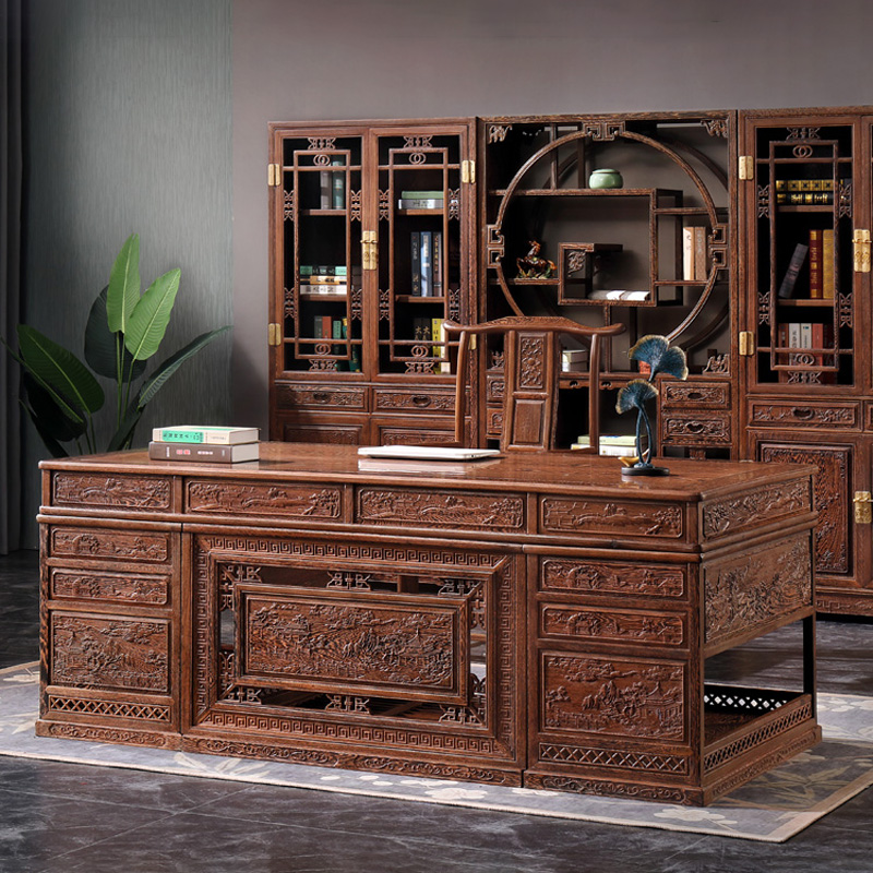 直角办公桌鸡翅木 大班台中式两用雕花老板桌书桌写字台红木家具