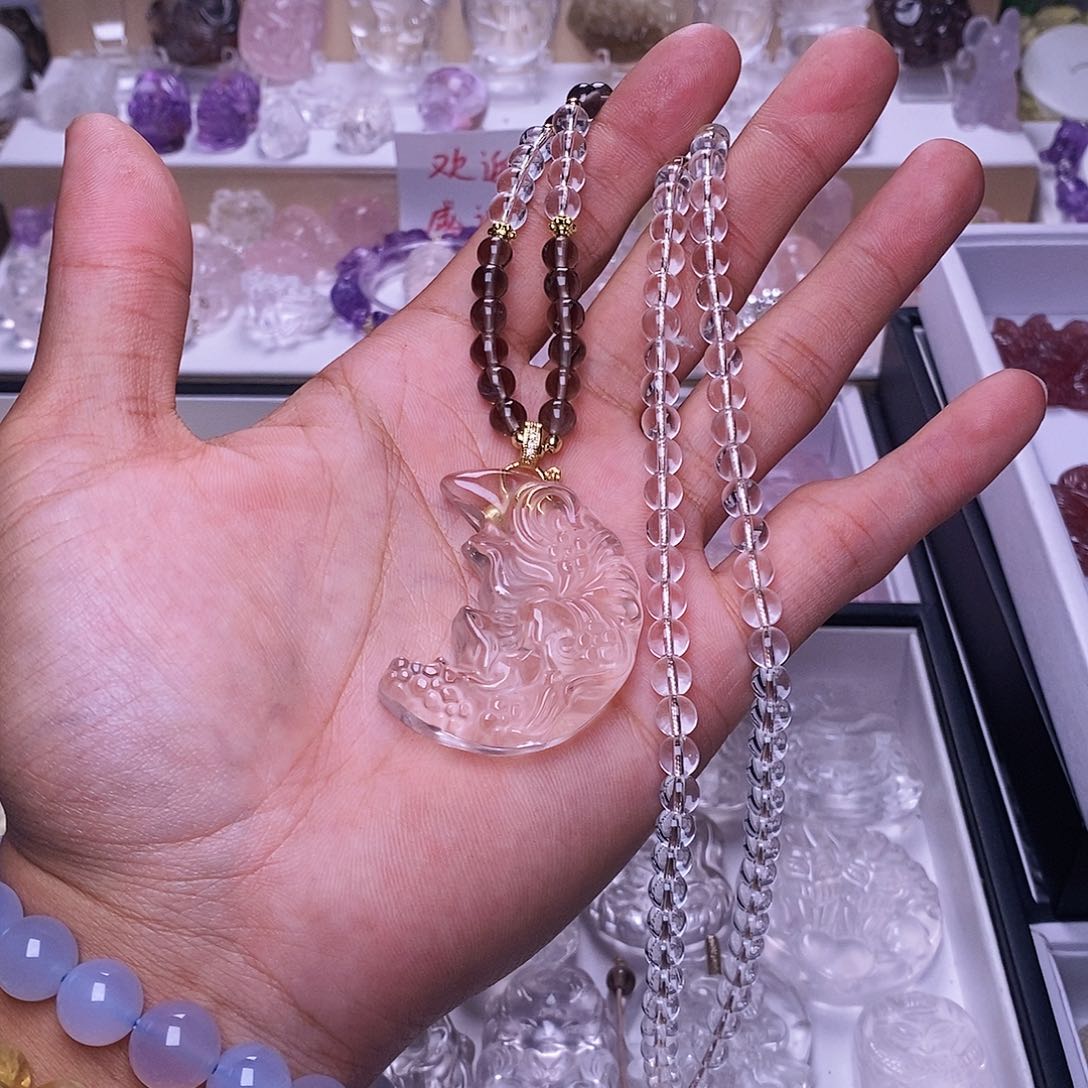 水晶颈饰未镶嵌白水晶月亮狐吊坠 送链子