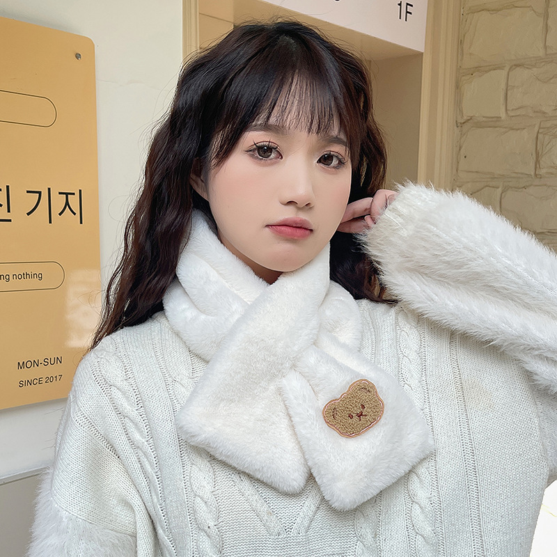围巾女秋冬季加厚保暖韩板2025可爱学生百搭韩国公主小熊交叉毛绒