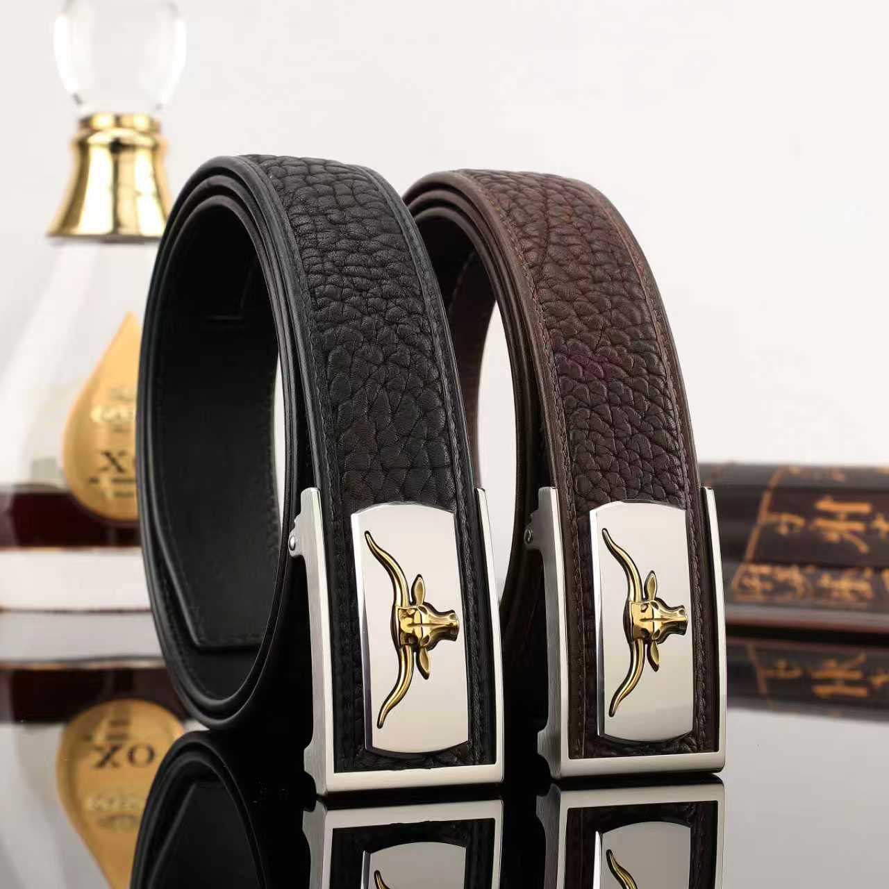 男士高端牛皮皮带自动扣3.8宽男款时尚真皮