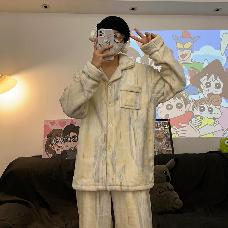 简约条纹情侣睡衣法兰绒加厚保暖男女家居服秋冬款