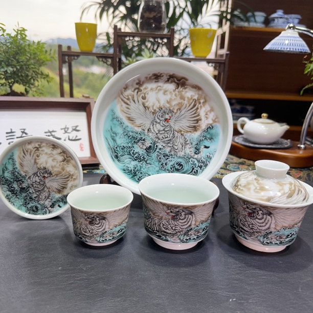 景德镇中式粉彩套装如虎添翼家用茶具高端四件套