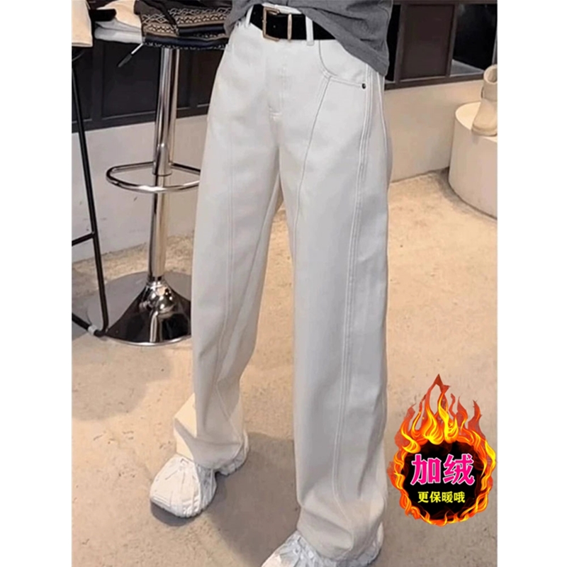 杏色直筒牛仔裤女2025秋冬加绒梨形身材大码胖mm宽松显瘦阔腿