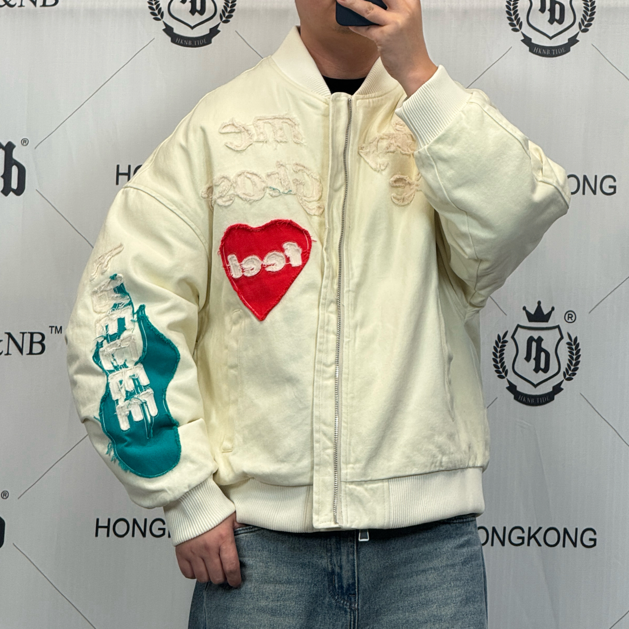HK&NB x 美式夹克 秋冬休闲重磅情侣刺绣加绒棒球服拼接复古夹克