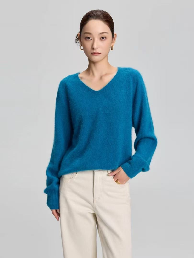 1078羊毛羊绒V领针织衫女冬软糯雾感拉绒毛衣