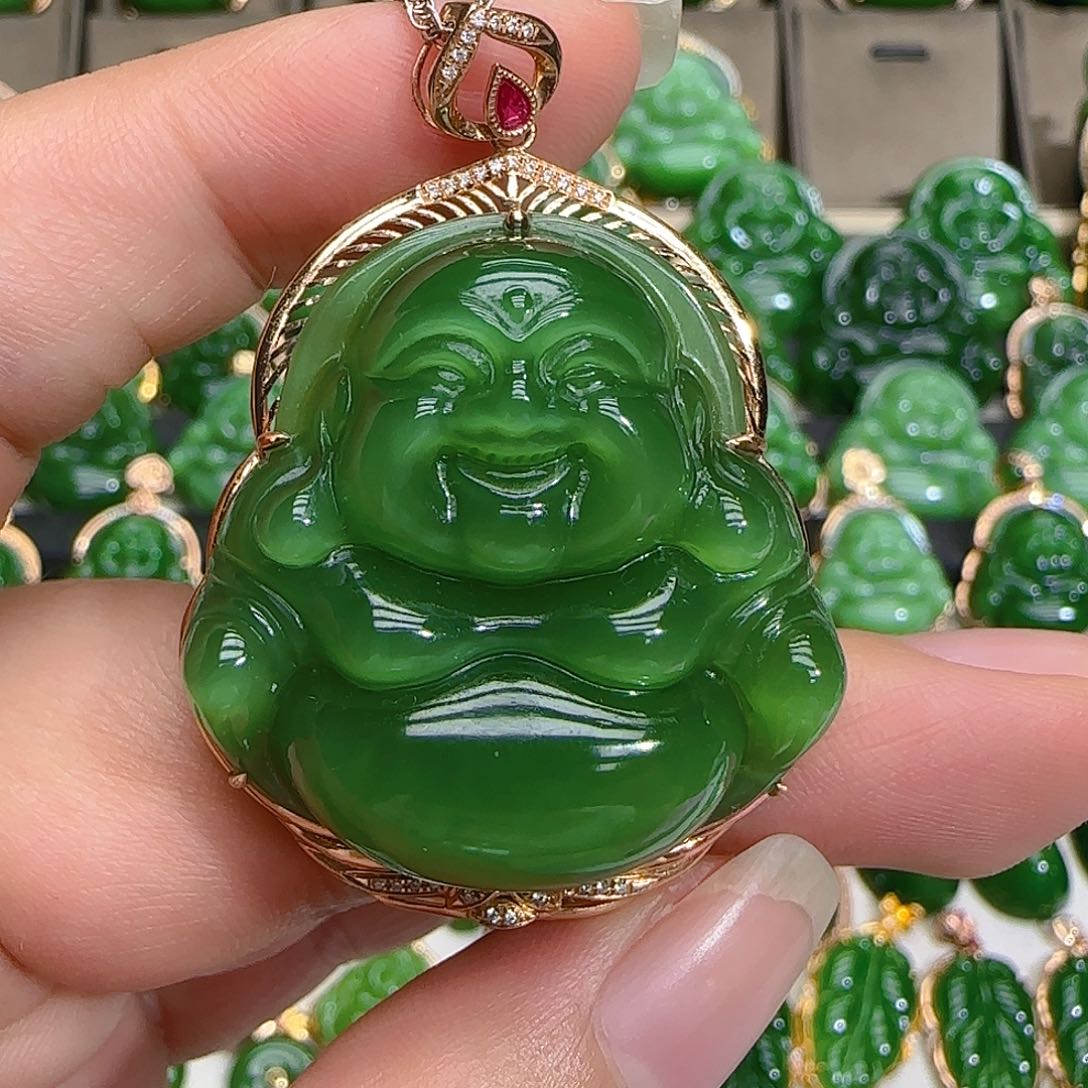 和田玉（碧玉）吊坠(不含链)18K金镶嵌