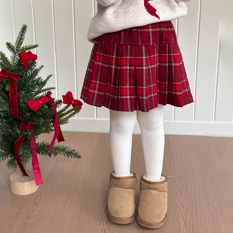 【冬款加厚】儿童百褶裙冬季装女童韩版毛呢格纹百搭半身短裙24B020
