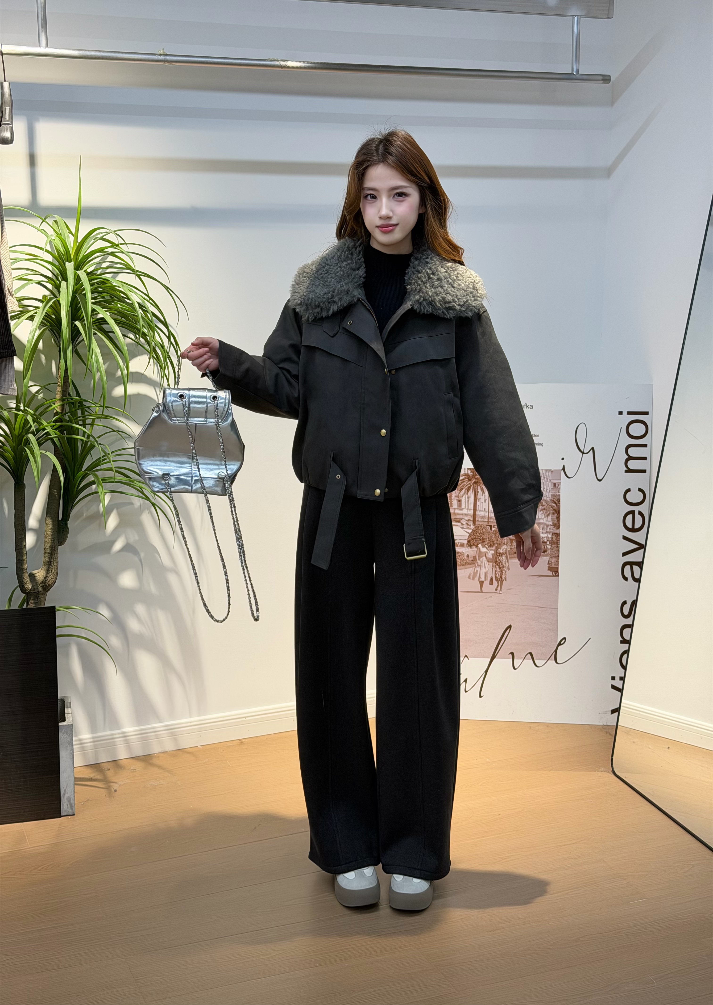 【外套+裤子】冬季牛仔翻领派克服百搭显瘦收口袖宽松型棉服长袖