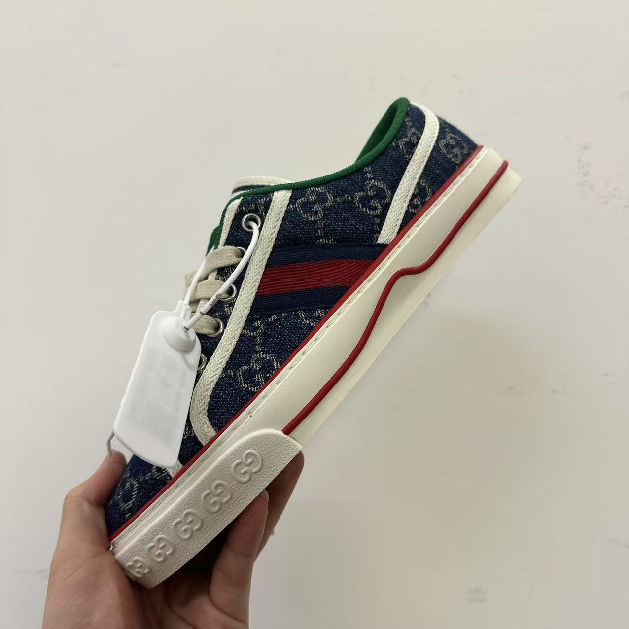 95新 GUCCI/古驰 男士深蓝牛仔帆布老花休闲1977板鞋38.5欧码wdf