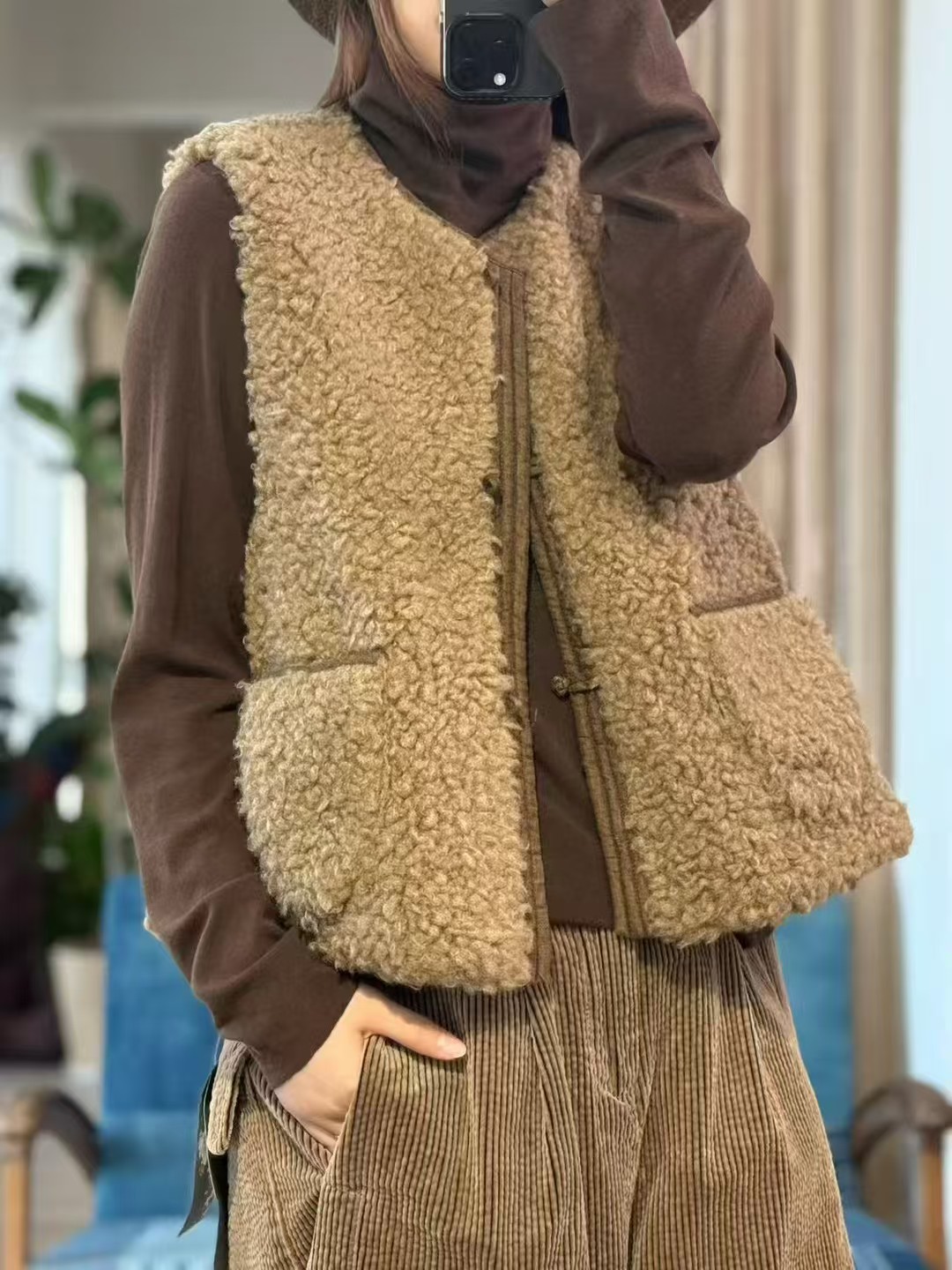 玉莉忆古朴拙双面毛绒盘扣马甲个性保暖