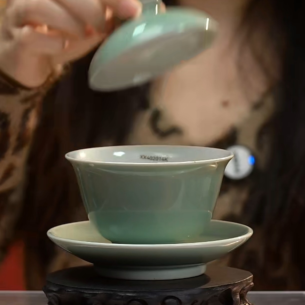 F豆青釉三才盖碗