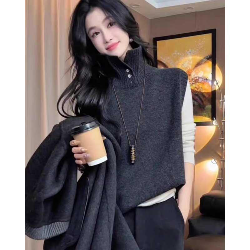 半高领针织衫马甲背心女2024冬季新款法式简约显瘦慵懒风套头坎肩