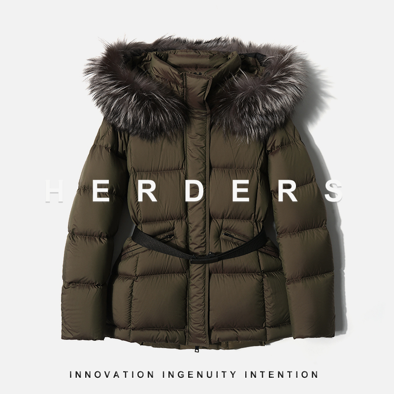 HERDERS 中长款连帽毛领腰带鹅绒服 258973