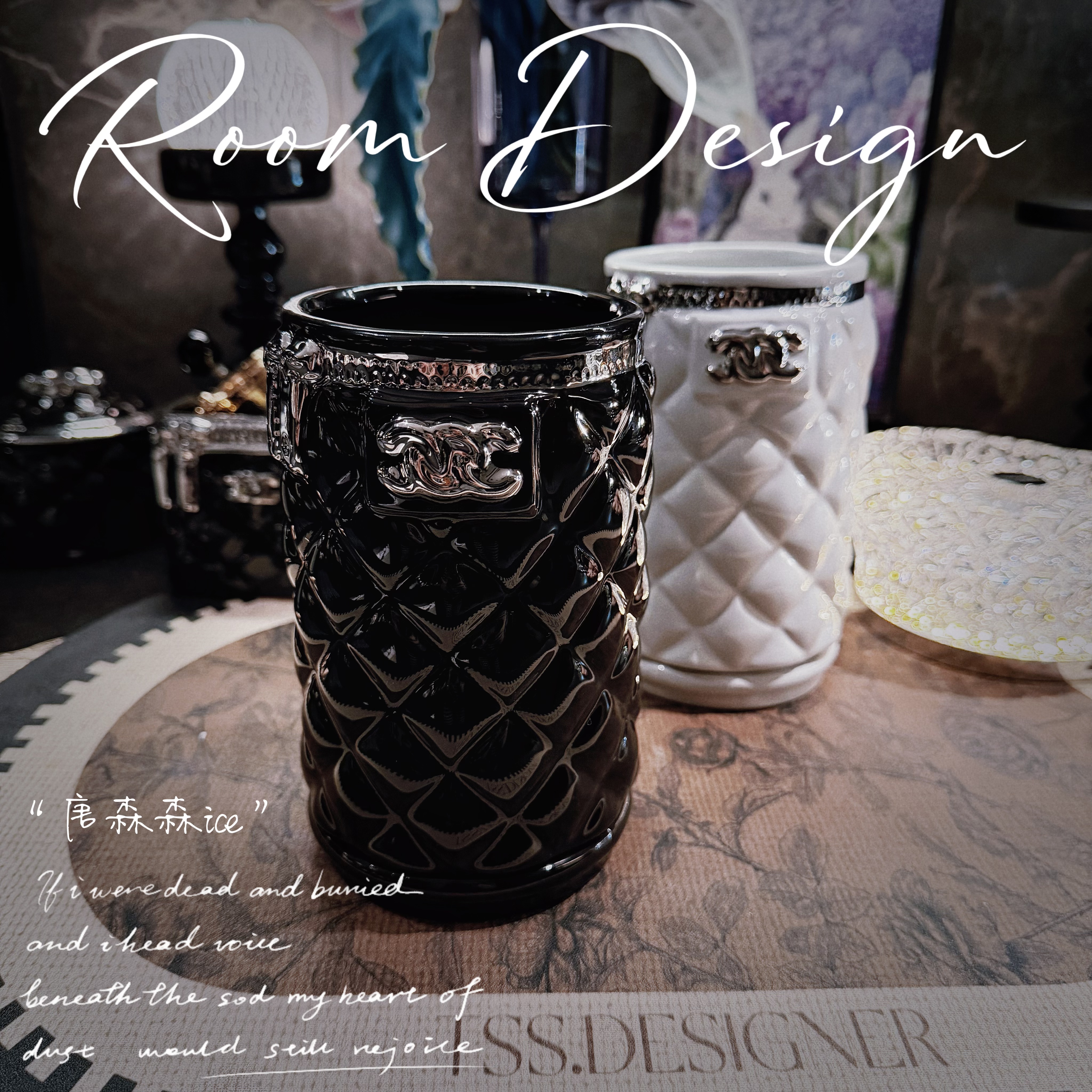 陶瓷小香风化妆品收纳筒高颜值收纳筒梳妆台桌面置物篮厨房沥水筒