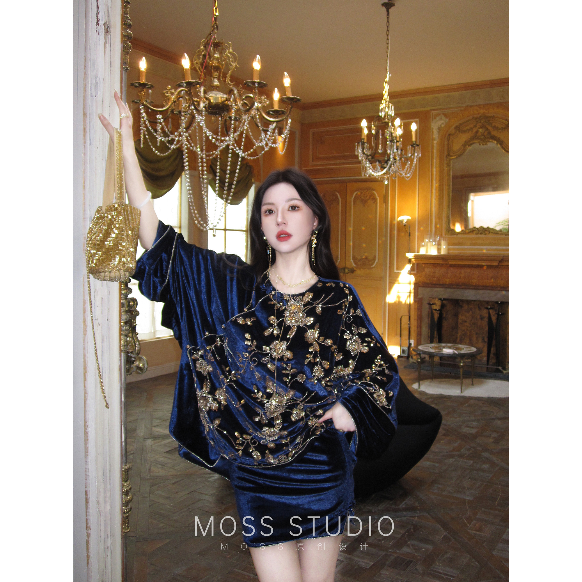 MOSS STUDIO【鸾羽金屏】新中式重工珠绣丝绒外套+短半裙套装女
