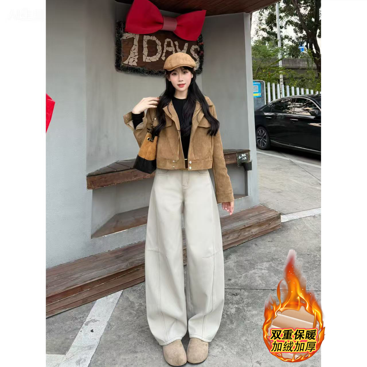 明月灰复古弯刀加绒阔腿裤女2025冬季新款高腰宽松显瘦拖地长裤