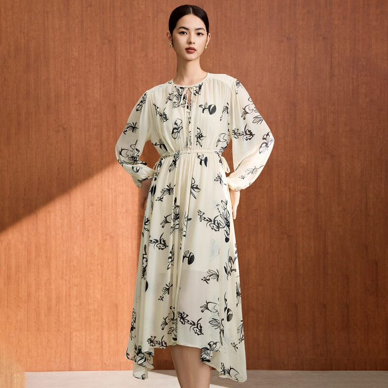 【粉丝专属】马天奴印花系带领收腰长袖连衣裙VDA745DRX0