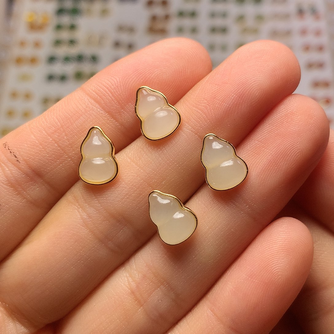 银S925镀金镶嵌和田玉（白玉）耳饰