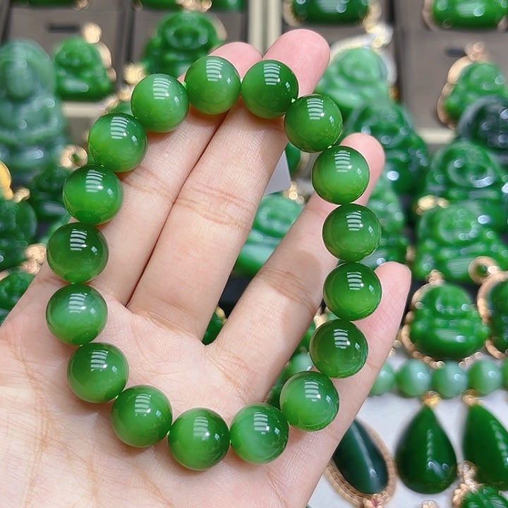 和田玉（碧玉）手串未镶嵌12m冰绿猫单圈