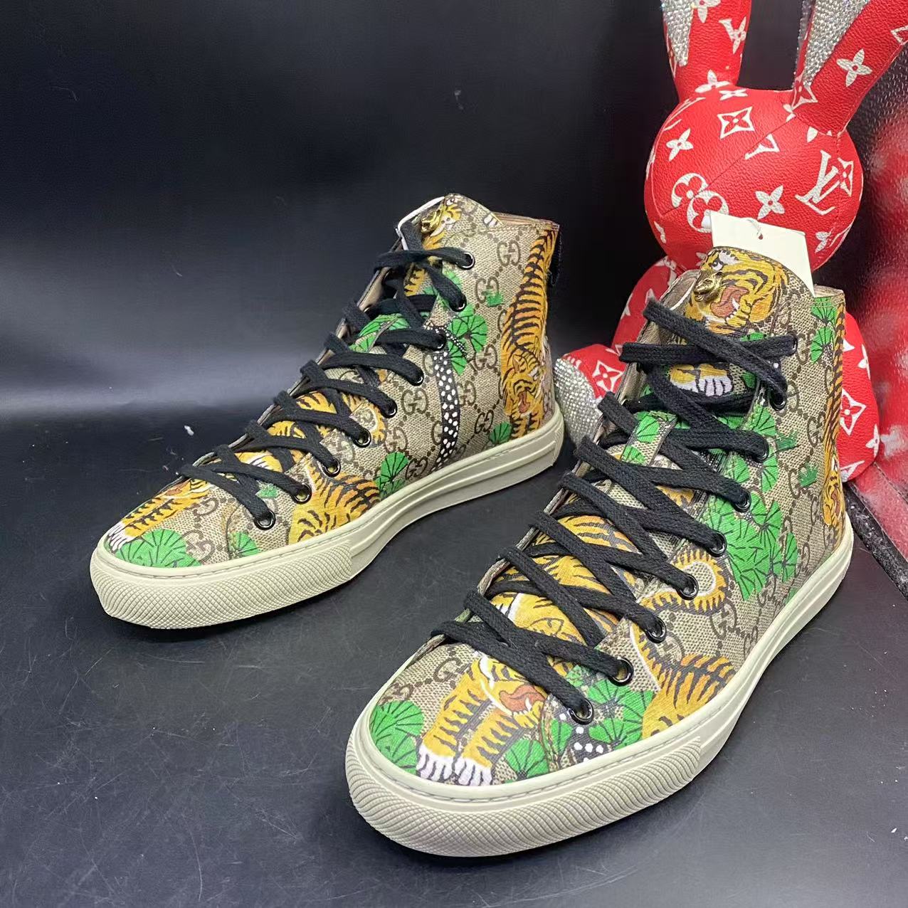 95新 GUCCI/古驰 男士休闲时尚棕老花高帮下山虎板鞋40码ddm1749