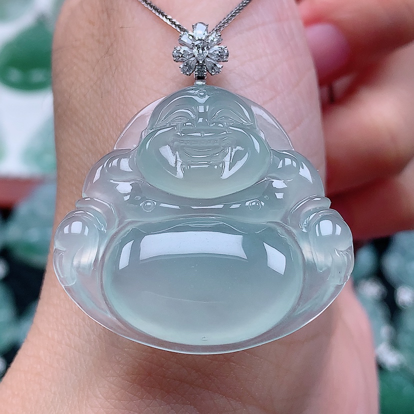百千翡翠-18k金镶嵌冰种胶感佛公吊坠（尺寸32*34.3*6.1）