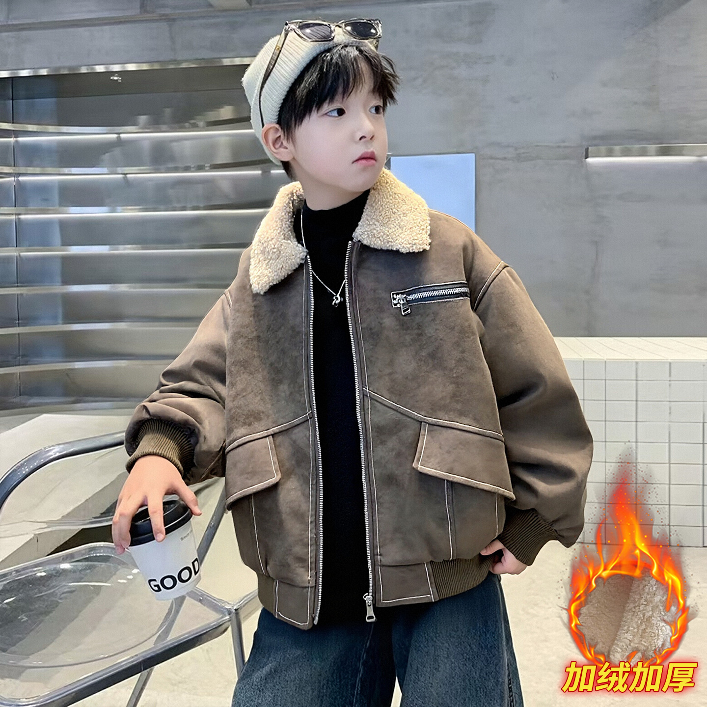 儿童装男童冬装加绒外套2025新款中大童秋冬款加厚羔羔绒冬季皮衣