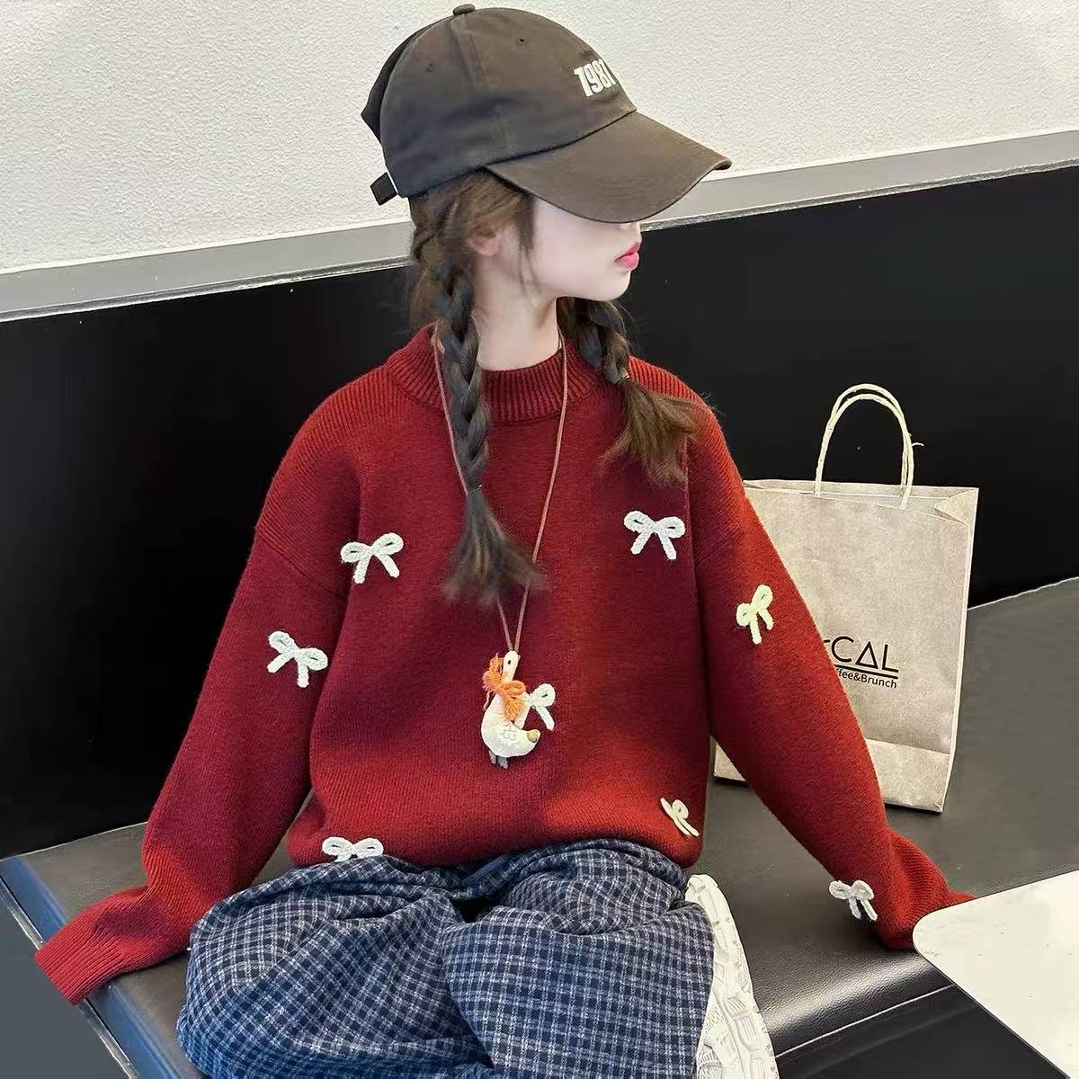 女童针织衫百搭韩版长袖加绒加厚圆领中国风套头冬季打底衫