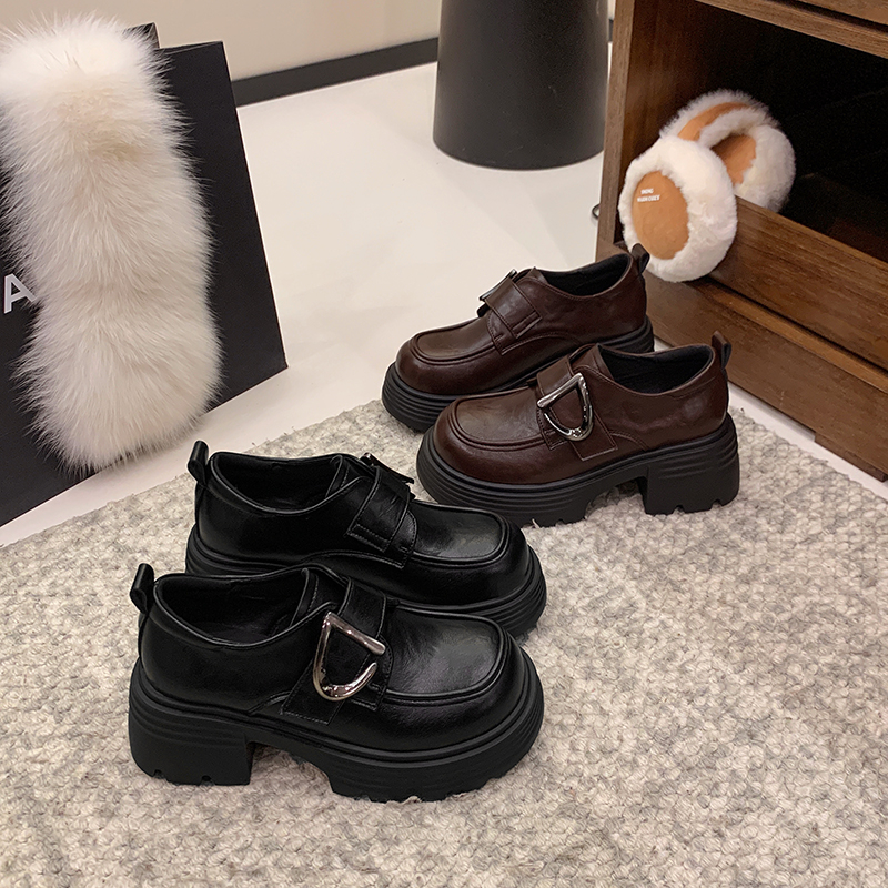 小个子粗跟乐福鞋女2026年新款学院风小皮鞋6cm增高魔术贴单鞋