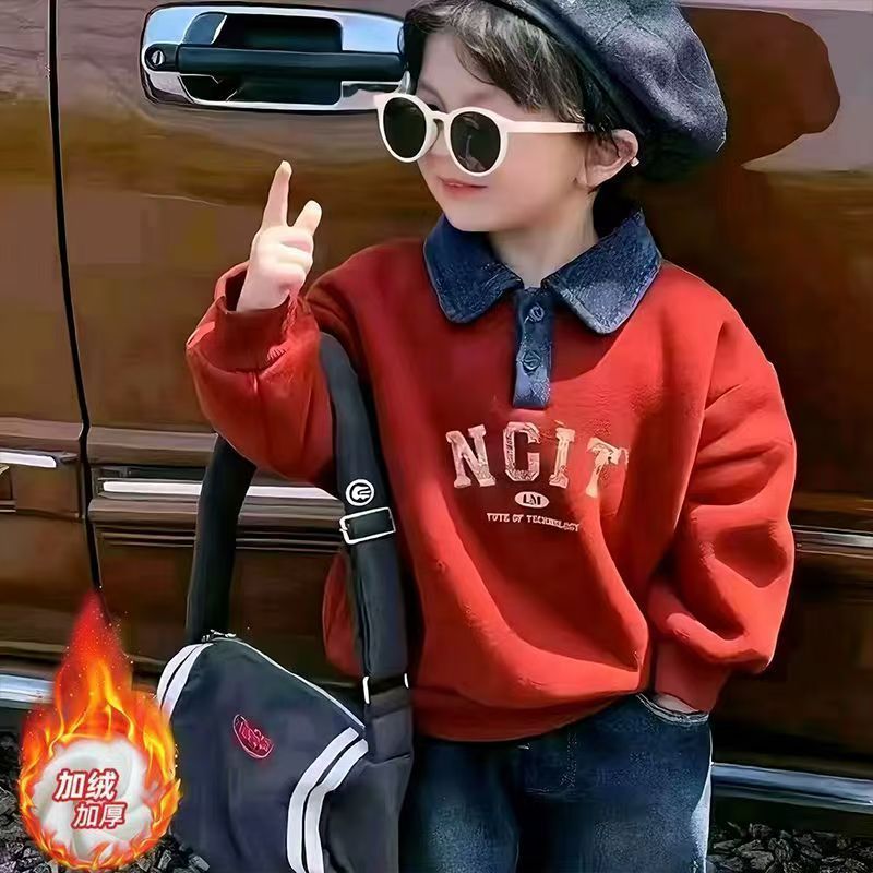 儿童冬季加绒红色卫衣男女童加厚保暖衣服POLO洋气翻领拜年服上衣