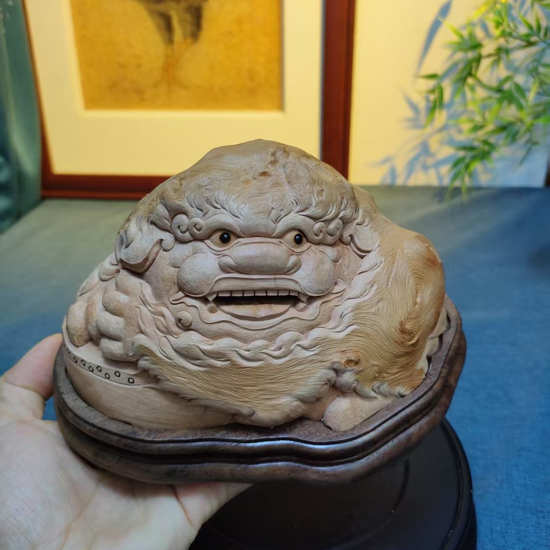 荔枝木香炉狮子纯手工雕刻手工艺木制品工艺品摆件香薰炉木雕