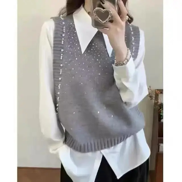 常规圆领薄款钉珠秋季女春季马夹小香风拼接气质洋气Y0118